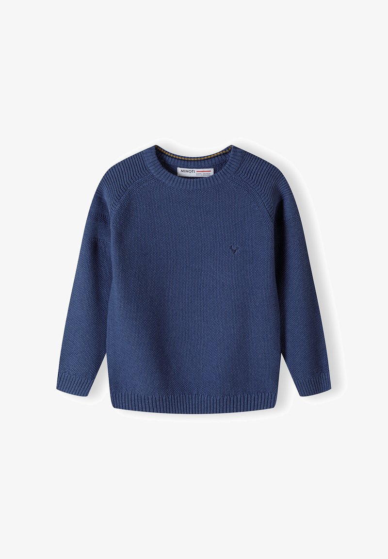 Pull en maille bleu marine avec une surface texturée, col rond et poignets côtelés. Présente un petit logo sur la poitrine.
