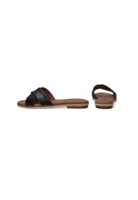 Black leather slide sandals featuring crossed strap design, brown leather insole, and a flat, durable sole.