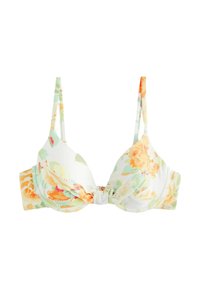Bikini top s kvetinovým vzorom, ktorý obsahuje pastelové farby, vypchávky, nastaviteľné ramienka a detail v tvare twistu s háčkovým uzáverom na zadnej strane.