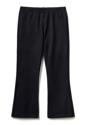 Pantaloni neri a gamba dritta con vita elasticizzata, dotati di un delicato logo ricamato vicino alla vita sul lato destro.