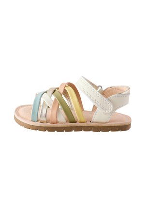 Sandalias de tiras hechas de bandas de cuero multicolor en azul, beige, verde, amarillo y rosa, con una plantilla beige suave y suela marrón clara.