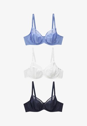 Tre reggiseni impilati: il superiore in satin blu chiaro, il medio in cotone bianco, e il fondo in satin blu navy. Ognuno è dotato di stecche laterali e spalline regolabili.