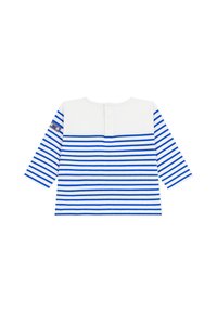 Πουκάμισο με μακριά μανίκια, οριζόντιες λευκές και μπλε ρίγες, στρογγυλή λαιμόκοψη, κλείσιμο με κουμπιά στην πλάτη και μικρό λογότυπο στο αριστερό μανίκι.