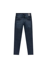 Dunkelblaue Jeans aus Denim mit slim Fit, ausgestattet mit einer glatten Textur, fünf Taschen und einem Logo-Patch an der Taille.