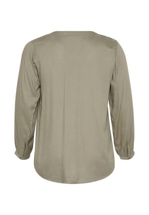 Blusa verde oliva a maniche lunghe con scollo rotondo, maniche arricciate e una texture liscia e leggermente lucida. Design semplice senza motivi.