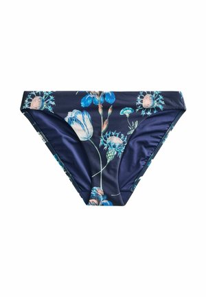 Blommig bikiniunderdel i marinblått, med stora ljusblå och rosa blommor. Tillverkad av ett mjukt, elastiskt material med medelhög midja.