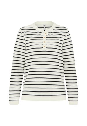 Maglione crema a maniche lunghe con sottili righe orizzontali nere e quattro bottoni beige sulla patta frontale.