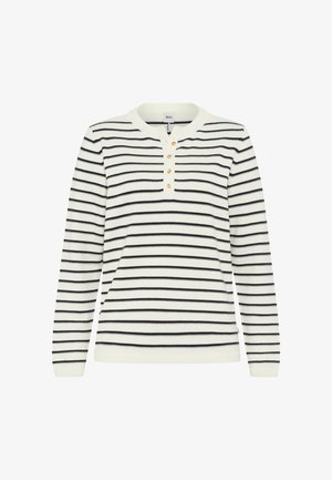 Maglione crema a maniche lunghe con sottili righe orizzontali nere e quattro bottoni beige sulla patta frontale.