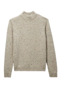 Pull en maille beige clair avec un col montant, tissu texturé, et des taches multicolores noires et oranges. Manches et ourlet côtelés.