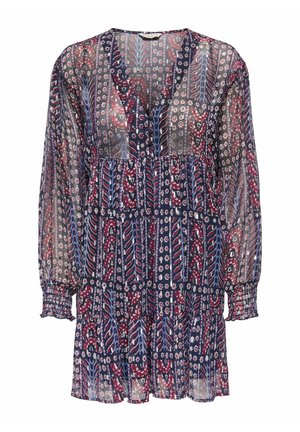 Abito a maniche lunghe, lunghezza al ginocchio, in tessuto trasparente con motivi floreali e foglie multicolori in navy, rosso e blu, con polsini arricciati.