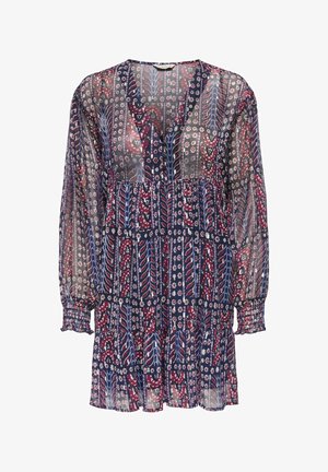 Abito a maniche lunghe, lunghezza al ginocchio, in tessuto trasparente con motivi floreali e foglie multicolori in navy, rosso e blu, con polsini arricciati.