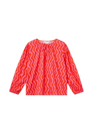 Blusa a maniche lunghe con righe ondulate rosse e rosa, scollo arricciato con piccolo laccio e polsini elasticizzati.