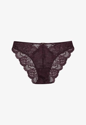 Burgundy lace panties featuring scalloped edges, floral patterns, and a small decorative ring at the center front. Soft fabric texture.