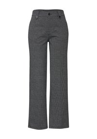 Mustavalkoiset ruudukko-housut, jotka on valmistettu sileästä kankaasta. Ominaisuuksina korkea vyötärö, kaksi nappia ja leveä lahje-muotoilu.