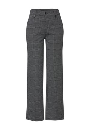 Schwarz-weiße karierte Hose aus einem glatten Stoff. Verfügt über einen hohen Taillenbund, zwei Knöpfe und ein weit geschnittenes Design.