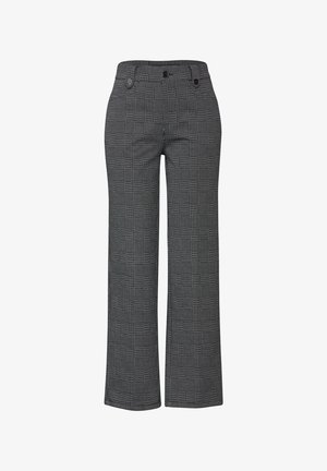 Černo-bílé kostkované kalhoty vyrobené z hladkého materiálu. Mají vysoký pas, dva knoflíky a široké nohavice.