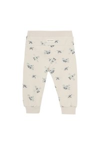 Ljusgrå bomullsbukser för småbarn med flygplansmönster. Elastisk midja och muddar, med blå illustrationer av flygplan och helikoptrar.