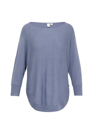 Hellblaues, übergroßes Sweatshirt mit Rundhalsausschnitt, Dreiviertelärmeln und gerundetem Saum. Hergestellt aus weichem Strickstoff mit Seitentaschen.