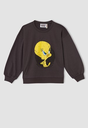 Mørkegrå sweatshirt med lange ærmer, der har en stor, slidt grafik af Tweety Birds ansigt i gult og blåt.