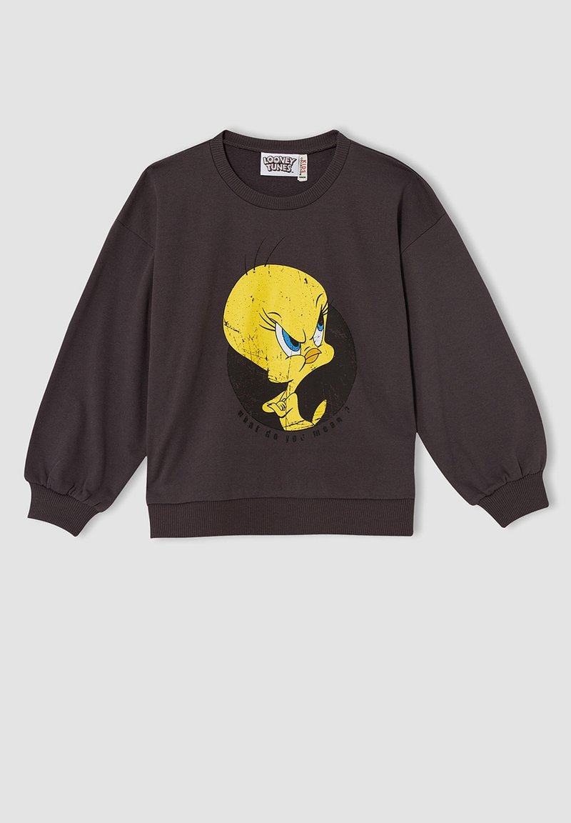 Sweat-shirt gris foncé à manches longues avec un grand graphique usé du visage de Tweety Bird en jaune et bleu.