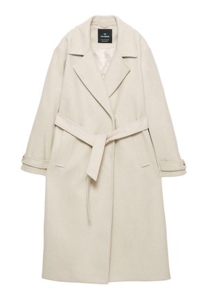 Crèmekleurige wollen jas met een ceintuur in de taille, brede revers en zijzakken. Heeft lange mouwen en een gladde, eenvoudige textuur.