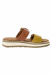 Bruine engelederen slide sandalen met twee brede banden, gevoerd inlegzool, witte tussenzool en textuur rubberen buitenzool.