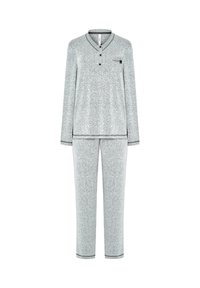 Conjunto de pijama gris de manga larga con parte superior de cuello en V abotonado negra y pantalones a juego, con detalles de ribete negro en los puños y el dobladillo.