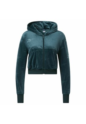 Krótka bluza z kapturem z aksamitu w kolorze morskim z pełnym zamkiem, przednimi kieszeniami, prążkowanymi ściągaczami i subtelnymi tłoczonymi logo na rękawach i na piersi.