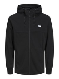 Schwarze Zip-Up-Hoodie aus weichem Stoff, mit einer Fronttasche, verstellbarem Kordelzug und reflektierendem Logo auf der Brust.