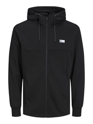 Sort zip-up hoodie lavet af blødt stof, med en frontlomme, justerbar snøre i hætten og reflekterende logo på brystet.
