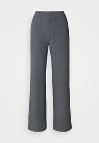 Pantalons larges gris en tissu texturé avec une taille lisse. Le design présente des lignes épurées et aucun élément matériel ou accent visible.