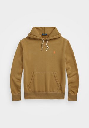 Brun hættetrøje med lange ærmer, forlomme, hvide snore og lille orange Polo Ralph Lauren-logo på brystet.