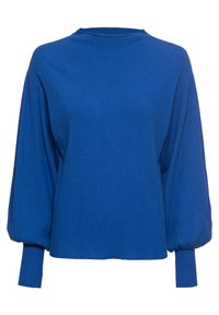 Maglione azzurro lavorato a maglia con un collo alto, maniche a palloncino e polsini a coste. Texture morbida con una vestibilità rilassata e un colore uniforme.