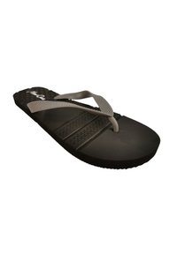 Black flip-flop with textured sole, gray rubber straps, and a slight arch. Features horizontal lines and a logo on the footbed.
