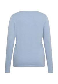 Pull bleu clair à manches longues vu de dos avec un col rond et des poignets et un bas côtelés.