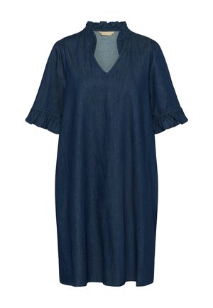 Donkerblauwe denim jurk tot op de knie met V-hals, gerimpelde kraag en driekwart mouwen met gerimpelde manchetten.