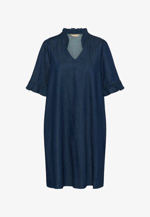 Donkerblauwe denim jurk tot op de knie met V-hals, gerimpelde kraag en driekwart mouwen met gerimpelde manchetten.