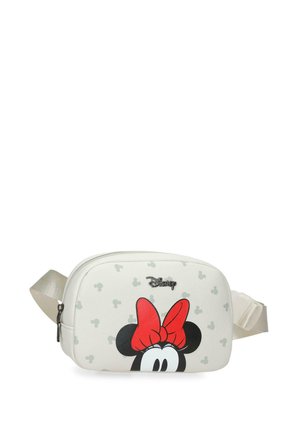 Riñonera blanca de Disney con los ojos y el lazo rojo de Minnie Mouse, con pequeños iconos grises de Mickey Mouse y una correa beige ajustable.