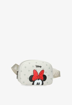 Riñonera blanca de Disney con los ojos y el lazo rojo de Minnie Mouse, con pequeños iconos grises de Mickey Mouse y una correa beige ajustable.