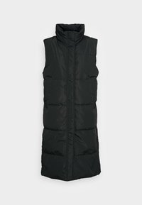 Crni bezrukavni puffer prsluk s visokim ovratnikom, s quilted dizajnom, prednjim zatvaranjem na zip i dva bočna džepa. Glatka, sjajna tkanina.