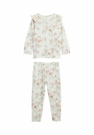 Weißes Kinder-Pyjama-Set mit langärmligem Oberteil und Hose mit elastischen Bündchen, Blumen- und Eichhörnchenmuster sowie Rüschen an den Schultern.