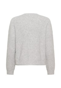 Grå stickad tröja med avslappnad passform, lång ärm, rund halsringning och ribbad textur. Baksidan är slät med minimal detaljering.