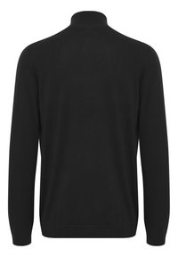 Black pullover sweater with a high collar, long sleeves, ribbed cuffs, and a smooth knit texture. Simple design with no visible patterns or accents.