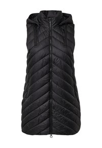 Schwarze ärmellose gesteppte Pufferweste mit Kapuze, Reißverschluss vorne und seitlichen Reißverschlusstaschen, mit Zickzacksteppmuster.