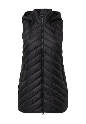Czarna, bezrękawnikowa, pikowana kamizelka puchowa z kapturem, z zamek błyskawicznym z przodu i bocznymi kieszeniami na zamek, z charakterystycznym wzorem haftu chevron.