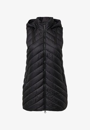 Gilet imbottito senza maniche nero con cappuccio, zip frontale e tasche laterali con zip, caratterizzato da un motivo di cuciture a chevron.