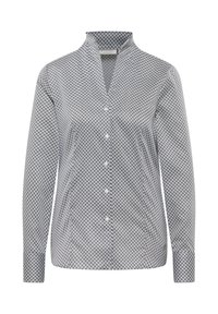 Camicia a bottoni a fantasia in bianco e nero, con colletto alla cinese, maniche lunghe e un design a griglia con una sottile trama.