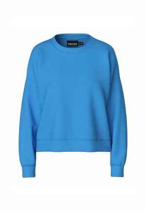 Blå langærmet crew neck sweatshirt med ribbet manchetter og et mærkat med teksten "PIECES" inde i kraven.