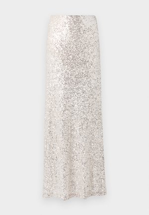 Long, floor-length skirt made of sequined fabric in silver and white gradient, featuring a smooth, flowing silhouette and no visible seams.