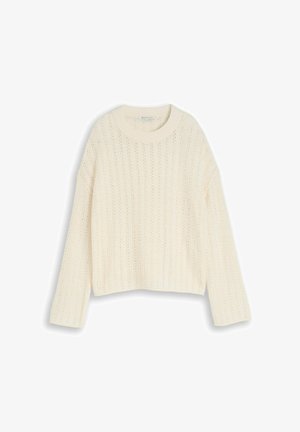 Gebreide trui in roomkleur met lange mouwen en een ronde hals, voorzien van een gestructureerd, opengewerkt patroon.